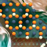 3D visualization of a kagome lattice structure with orange and white spheres arranged in a repeating pattern of triangles, representing materials with potential quantum computing properties.