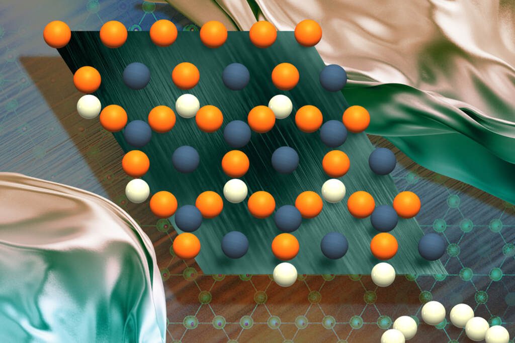 3D visualization of a kagome lattice structure with orange and white spheres arranged in a repeating pattern of triangles, representing materials with potential quantum computing properties.