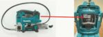 Makita cordless grease gun recall showing the tool and location of serial number on the battery mounting port, with a red line indicating the potentially hazardous flexible hose component.