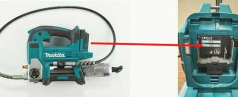 Makita cordless grease gun recall showing the tool and location of serial number on the battery mounting port, with a red line indicating the potentially hazardous flexible hose component.