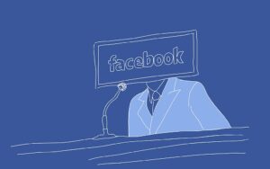 Illustration of Mark Zuckerberg in a suit testifying before a committee, with a large Facebook logo obscuring his face, symbolizing corporate presence in privacy hearings.
