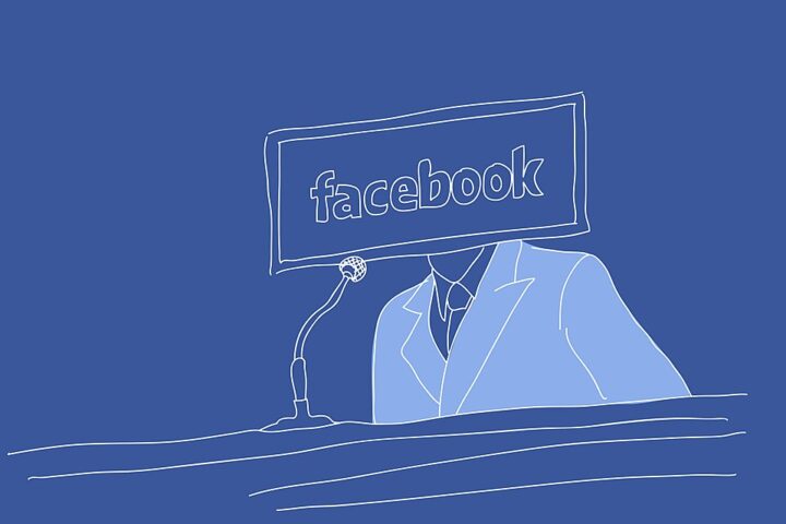 Illustration of Mark Zuckerberg in a suit testifying before a committee, with a large Facebook logo obscuring his face, symbolizing corporate presence in privacy hearings.