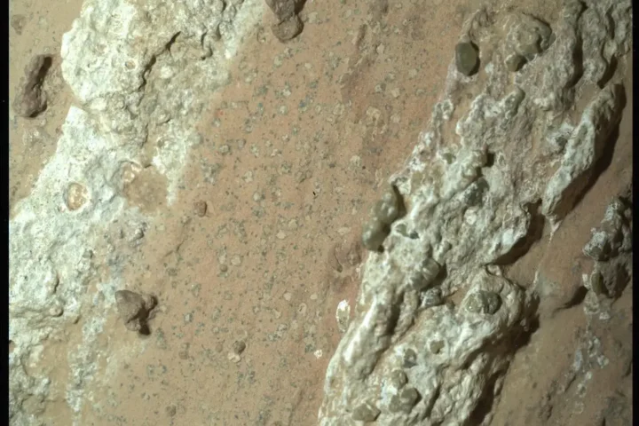 Close-up image of a reddish Mars rock surface showing small dark speckles and spots referred to as "leopard spots," collected by NASA's Perseverance rover in Jezero Crater.