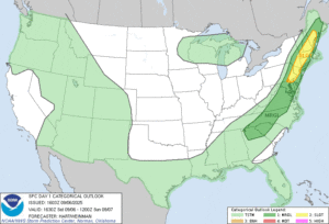 NOAA SPC Day 1 Convective Outlook map for September 6, 2025, highlighting slight and marginal risk areas for severe storms across the Northeast United States.