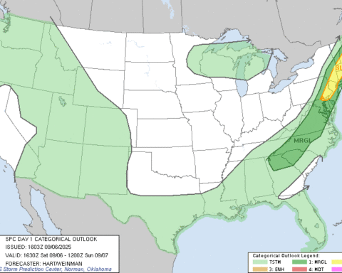 NOAA SPC Day 1 Convective Outlook map for September 6, 2025, highlighting slight and marginal risk areas for severe storms across the Northeast United States.