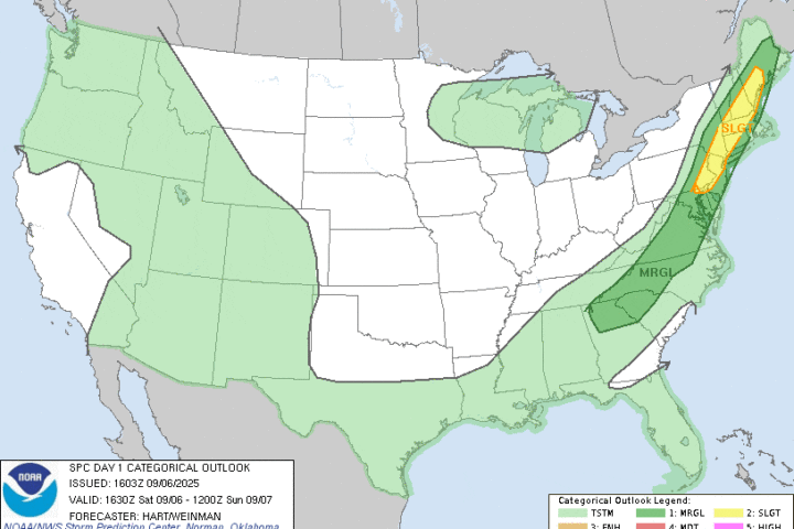 NOAA SPC Day 1 Convective Outlook map for September 6, 2025, highlighting slight and marginal risk areas for severe storms across the Northeast United States.