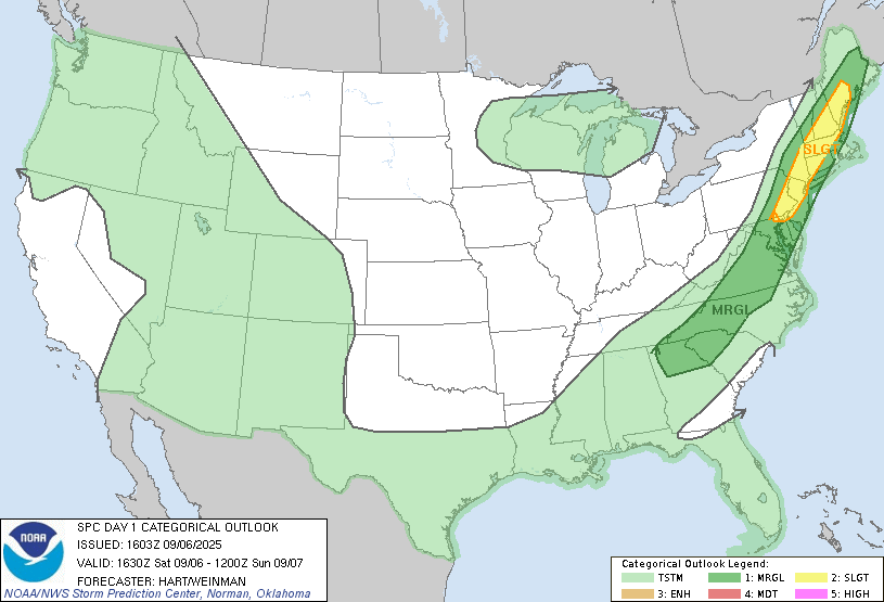 NOAA SPC Day 1 Convective Outlook map for September 6, 2025, highlighting slight and marginal risk areas for severe storms across the Northeast United States.