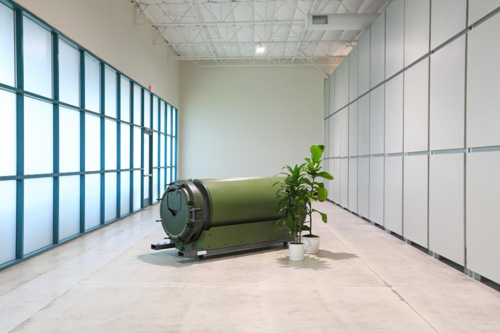 Eco-friendly cremation vessel in a bright minimalistic facility with indoor plants, representing sustainable funeral practices.