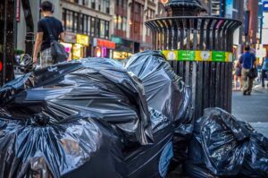 Black garbage bags piled beside a metal trash can on a New York City street in the Theatre District, with pedestrians and shops in the background.