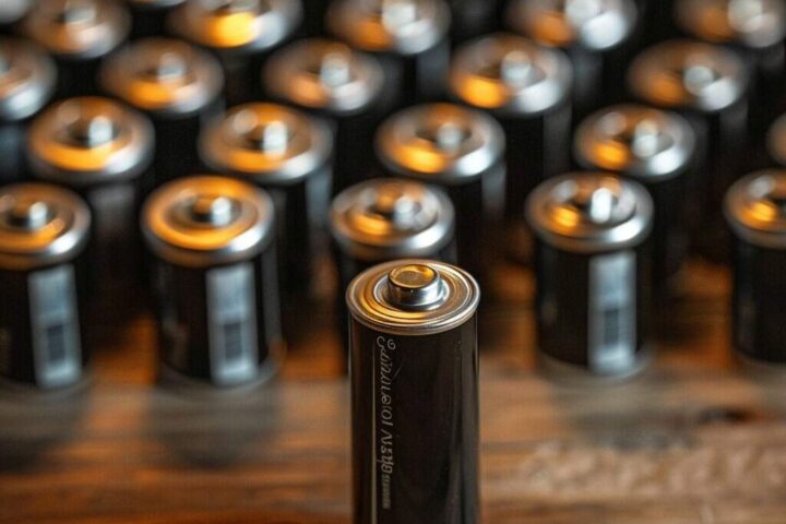 Multiple cylindrical batteries arranged in rows with one battery standing upright in focus, representing current battery technology that Oxford researchers aim to improve with cobalt-free alternatives