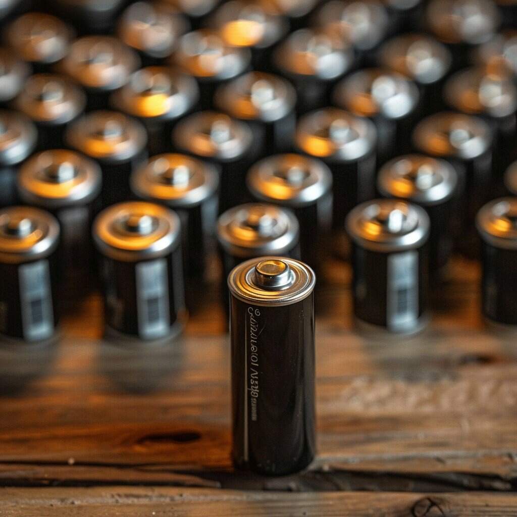 Multiple cylindrical batteries arranged in rows with one battery standing upright in focus, representing current battery technology that Oxford researchers aim to improve with cobalt-free alternatives