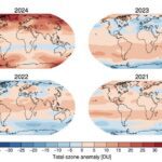 Four world maps showing total ozone anomaly distribution from 2021-2024, with color scale ranging from blue (depletion) to red (concentration). The 2024 map shows increased ozone concentration in polar regions compared to previous years.