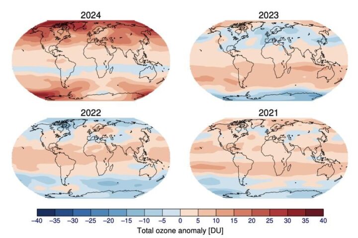 Four world maps showing total ozone anomaly distribution from 2021-2024, with color scale ranging from blue (depletion) to red (concentration). The 2024 map shows increased ozone concentration in polar regions compared to previous years.