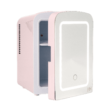Pink Paris Hilton Mini Beauty Fridge with white LED-illuminated glass door showing the empty interior refrigerated compartment.