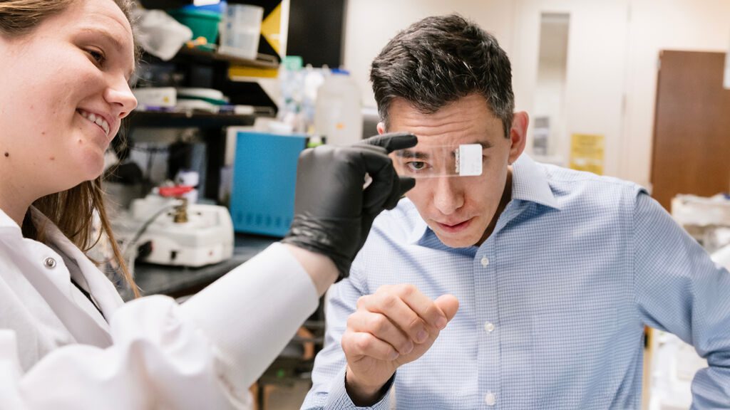 Two researchers in a laboratory setting - a female scientist in a white lab coat on the left and a male scientist in a blue checkered shirt on the right, examining laboratory equipment in what appears to be a neuroscience research facility
