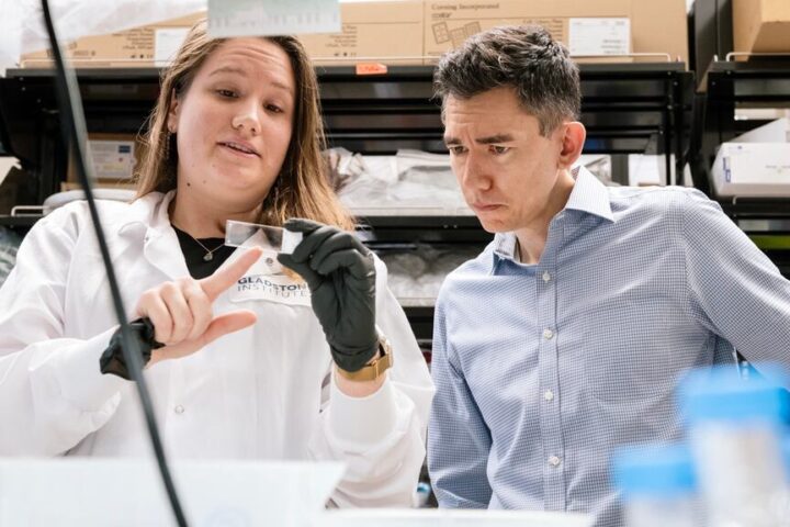 Two researchers in a laboratory setting - a female scientist in a white lab coat on the left and a male scientist in a blue checkered shirt on the right, examining laboratory equipment in what appears to be a neuroscience research facility