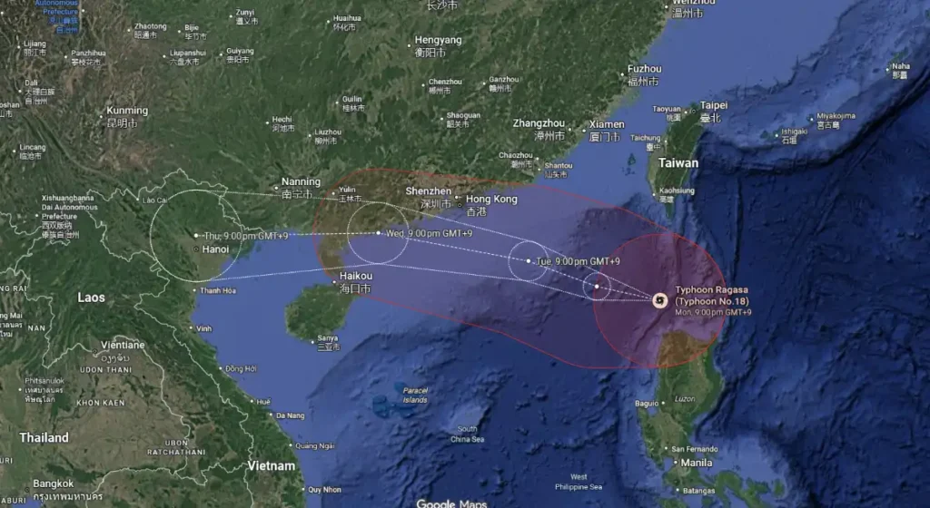 Forecast track map of Typhoon Ragasa (Typhoon No. 18) highlighting projected landfall zones near Guangdong, Hainan, and northern Vietnam.