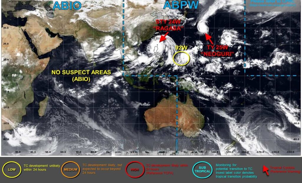 Forecast track map of Typhoon Ragasa (Typhoon No. 18) highlighting projected landfall zones near Guangdong, Hainan, and northern Vietnam.