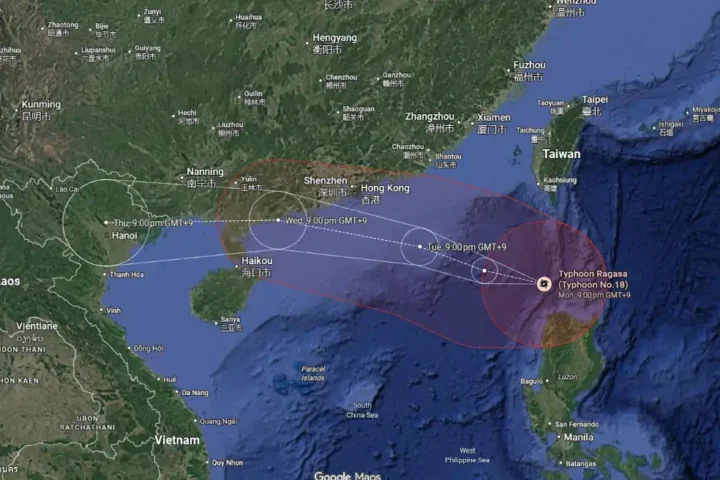 Forecast track map of Typhoon Ragasa (Typhoon No. 18) highlighting projected landfall zones near Guangdong, Hainan, and northern Vietnam.