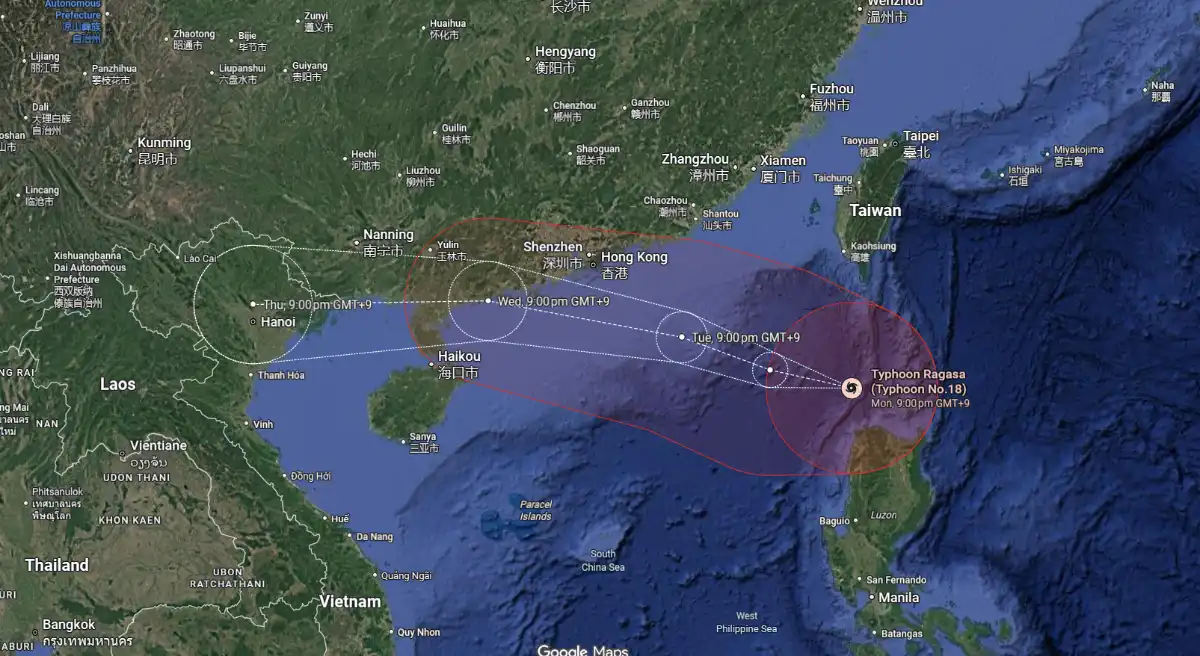 Forecast track map of Typhoon Ragasa (Typhoon No. 18) highlighting projected landfall zones near Guangdong, Hainan, and northern Vietnam.