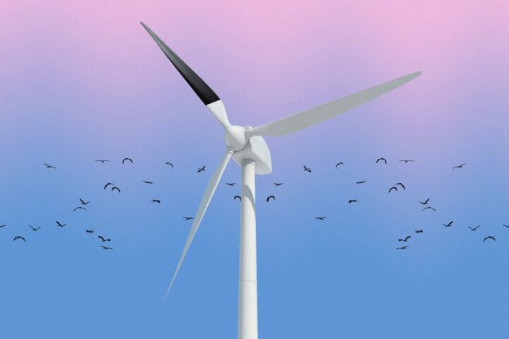 A white wind turbine with birds flying around it against a blue-purple gradient sky