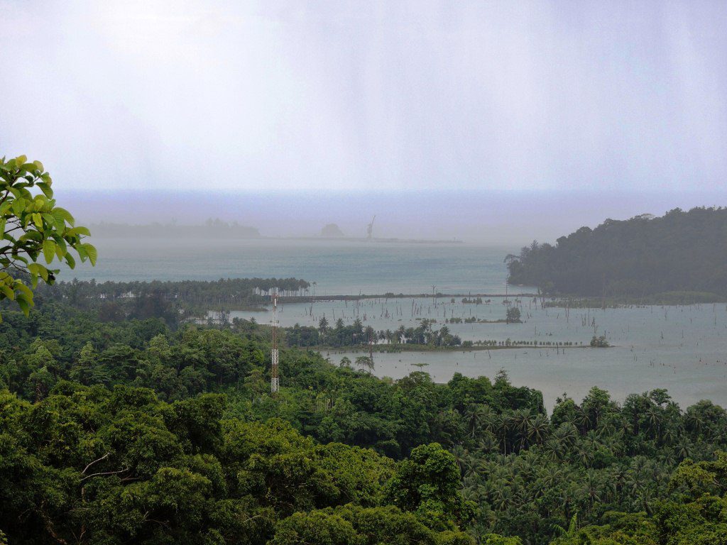 Heavy rain falling over dense tropical forest and a water body in the Great Nicobar Biosphere Reserve, viewed from a watchtower.