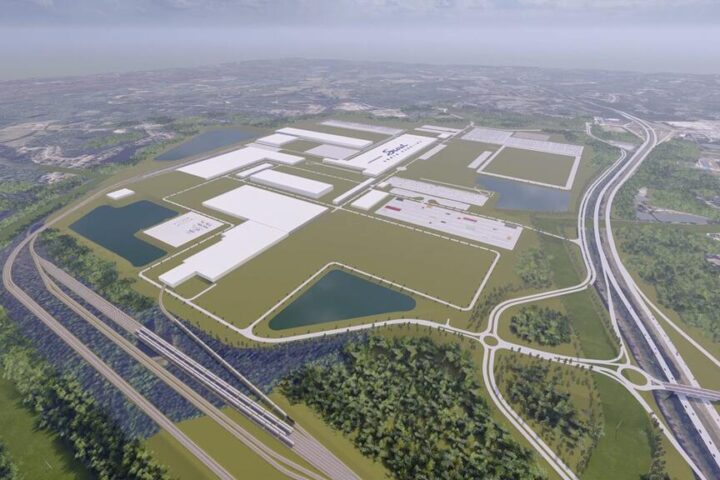 Conceptual view of Scout Motors Supplier Park site in Blythewood, South Carolina, highlighting large-scale construction for EV supply chain expansion.