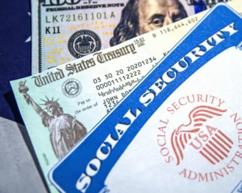 Close-up of a Social Security card, U.S. Treasury check, and U.S. currency placed over part of the American flag, symbolizing Social Security payments and federal benefits.