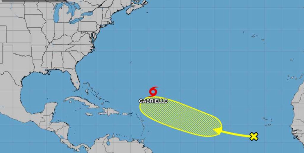 National Hurricane Center tracking map showing Tropical Storm Gabrielle in the Atlantic Ocean southeast of Bermuda with a yellow cone indicating its projected path northeastward.