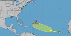 National Hurricane Center tracking map showing Tropical Storm Gabrielle in the Atlantic Ocean southeast of Bermuda with a yellow cone indicating its projected path northeastward.