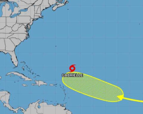 National Hurricane Center tracking map showing Tropical Storm Gabrielle in the Atlantic Ocean southeast of Bermuda with a yellow cone indicating its projected path northeastward.