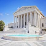 United States Supreme Court Building with white marble columns and steps leading to the entrance on a clear day