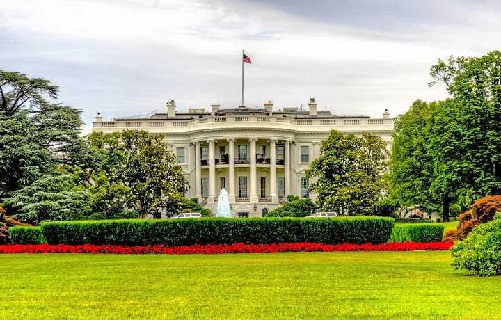 The White House south facade with its iconic white columns and portico, surrounded by green lawns, trees, and red flowers in the foreground.
