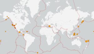 World map with highlighted earthquake locations recorded in the past day, displayed by the USGS Earthquake Hazards Program.
