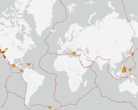 World map with highlighted earthquake locations recorded in the past day, displayed by the USGS Earthquake Hazards Program.