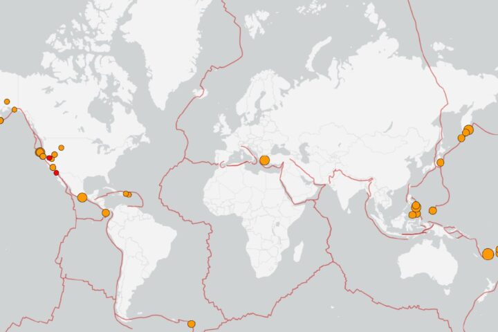 World map with highlighted earthquake locations recorded in the past day, displayed by the USGS Earthquake Hazards Program.