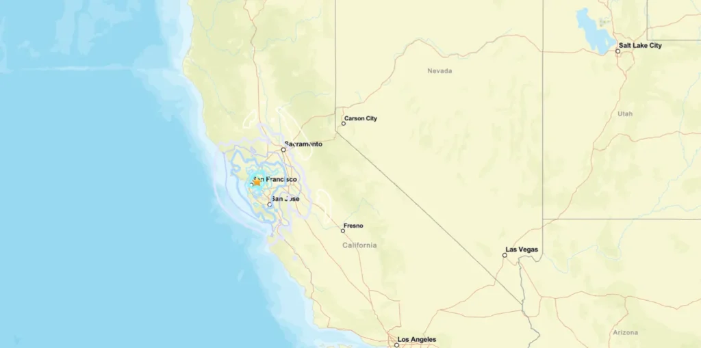 USGS intensity map highlighting shaking from the 4.3 magnitude earthquake near Berkeley, California, with concentric impact zones across the Bay Area.