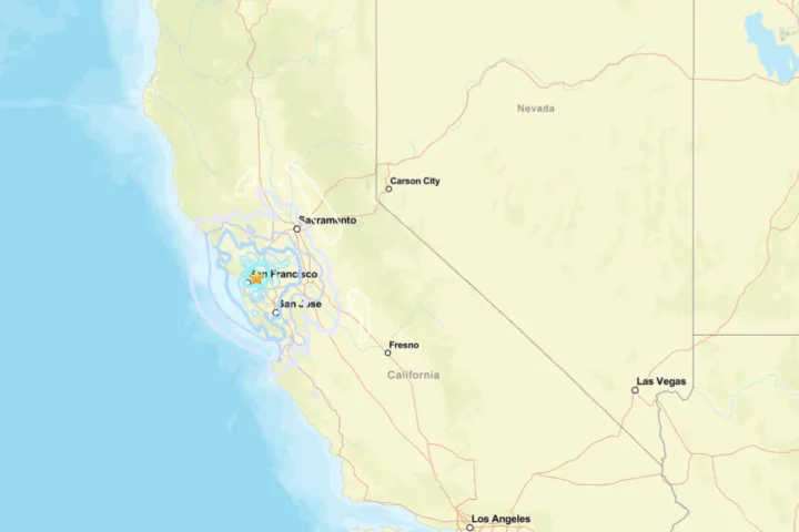 USGS intensity map highlighting shaking from the 4.3 magnitude earthquake near Berkeley, California, with concentric impact zones across the Bay Area.