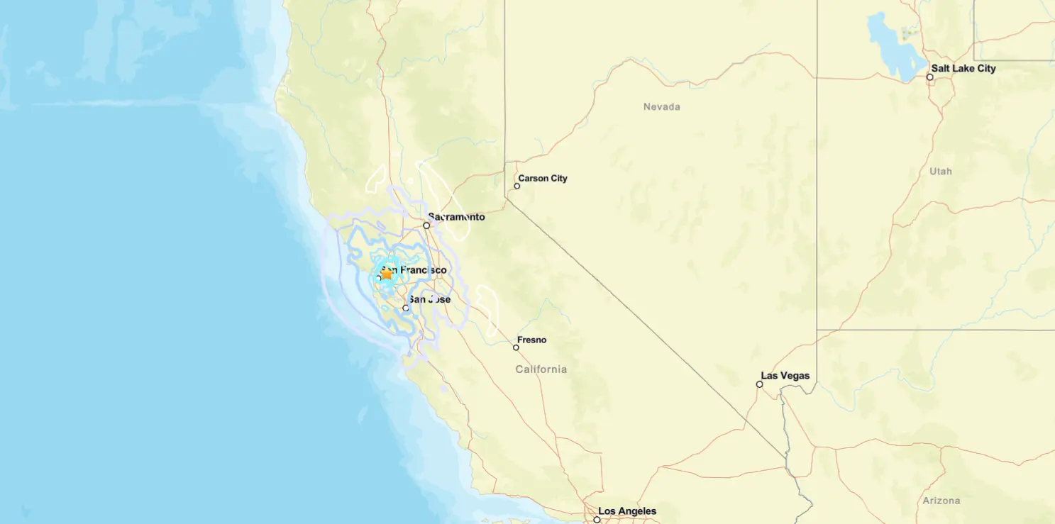USGS intensity map highlighting shaking from the 4.3 magnitude earthquake near Berkeley, California, with concentric impact zones across the Bay Area.