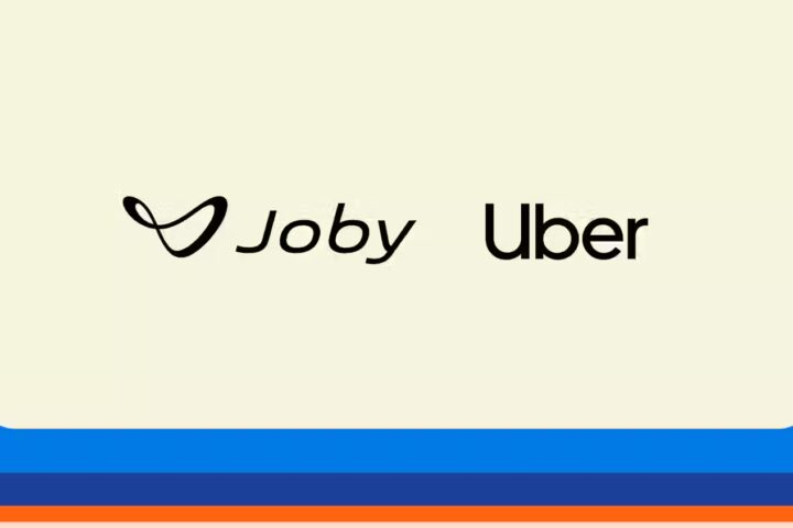 Joby and Uber logos displayed side by side on a cream-colored background with blue and orange horizontal stripes at the bottom of the image.