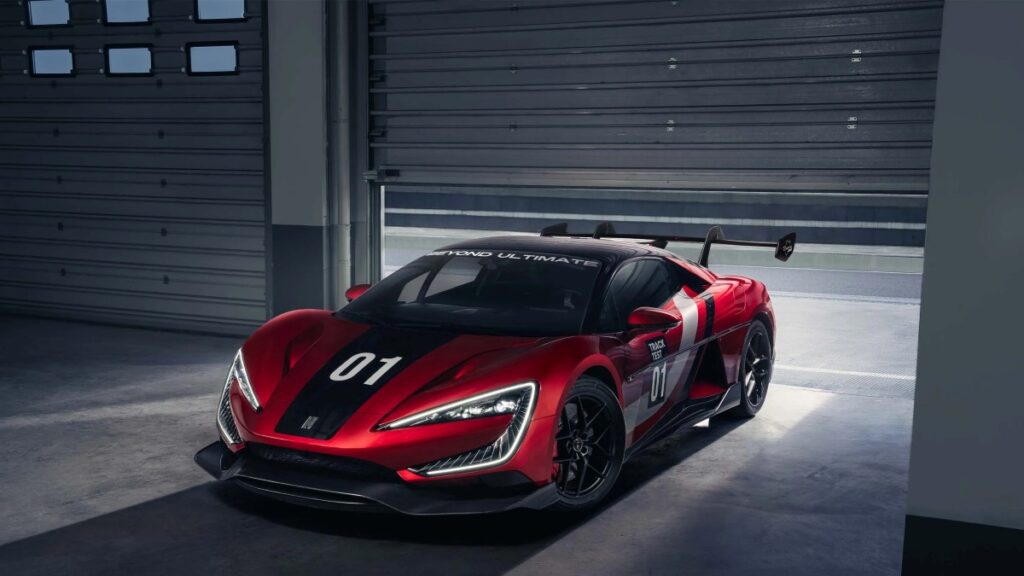 World's Fastest EV Yangwang the U8 in dual tone color of red and black with sports livery on it and Number 01 on the side and front