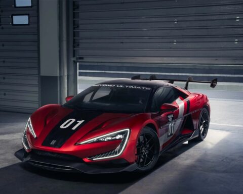 World's Fastest EV Yangwang the U8 in dual tone color of red and black with sports livery on it and Number 01 on the side and front