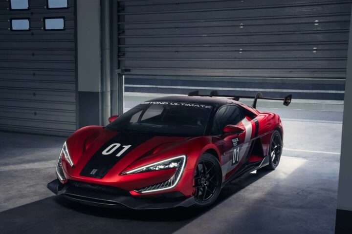 World's Fastest EV Yangwang the U8 in dual tone color of red and black with sports livery on it and Number 01 on the side and front