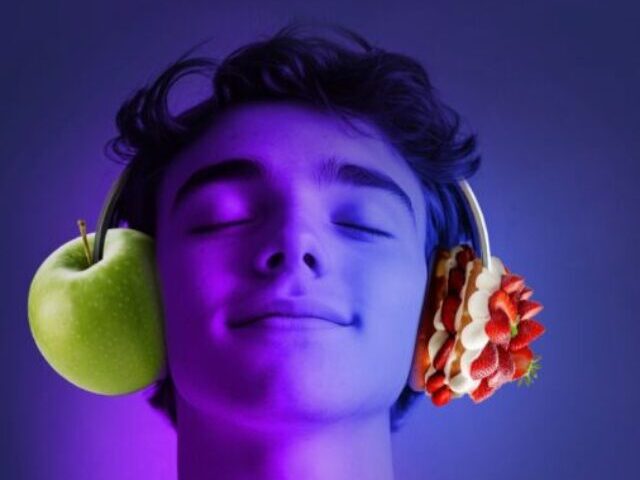 Person with closed eyes wearing headphones, with a green apple positioned at one ear and strawberries at the other ear, against a purple-blue background.