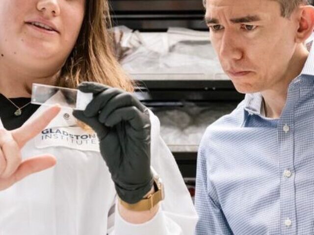 Two researchers in a laboratory setting - a female scientist in a white lab coat on the left and a male scientist in a blue checkered shirt on the right, examining laboratory equipment in what appears to be a neuroscience research facility