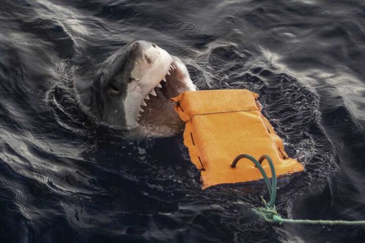 A great white shark biting a bright orange testing buoy in dark ocean water.