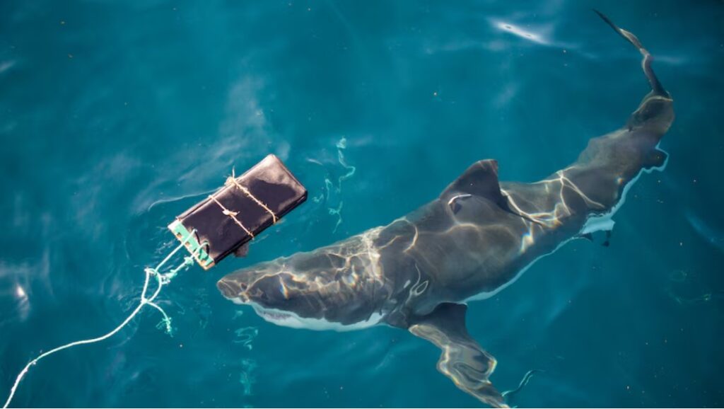  A great white shark biting a bright orange testing buoy in dark ocean water.
