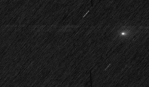 ExoMars TGO CaSSIS stacked image with 3I/ATLAS as a faint white dot amid star streaks, recorded near Mars on 3 Oct 2025.