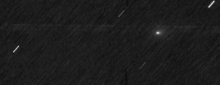 ExoMars TGO CaSSIS stacked image with 3I/ATLAS as a faint white dot amid star streaks, recorded near Mars on 3 Oct 2025.