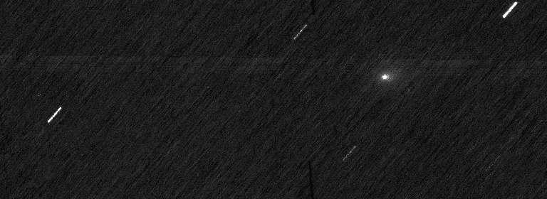 ExoMars TGO CaSSIS stacked image with 3I/ATLAS as a faint white dot amid star streaks, recorded near Mars on 3 Oct 2025.